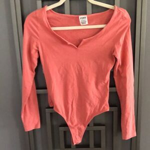 Vintage PInK Victoria’s Secret  coral peach long sleeve bodysuit 80s 90s